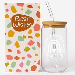 Teacher Life Glass Cup with Bamboo Lid and Glass Straw. New in Box